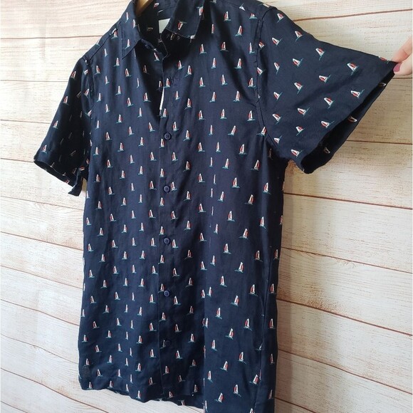 Onia 100% Linen Samuel Embroidered Sailboat Short Sleeve Buttondown Blue Shirt - Picture 7 of 12
